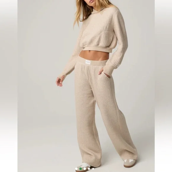Offline by Aerie Ribbed Wide Leg Lounge Pants Beige Soft Cozy XS Quilted - Picture 2 of 10